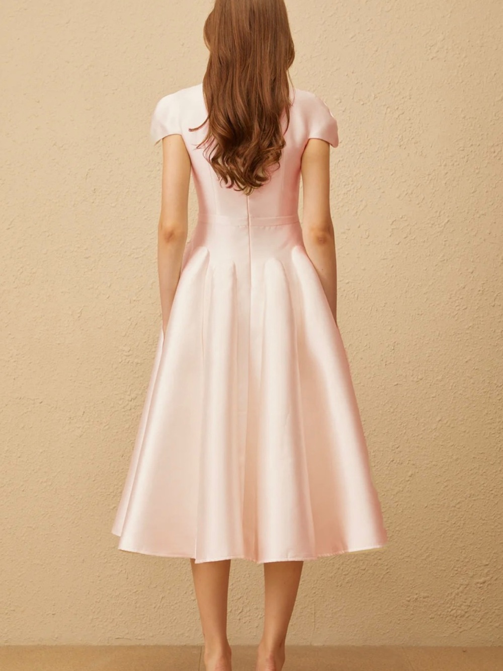 Elegant Pink Satin Midi Dress with Cap Sleeves